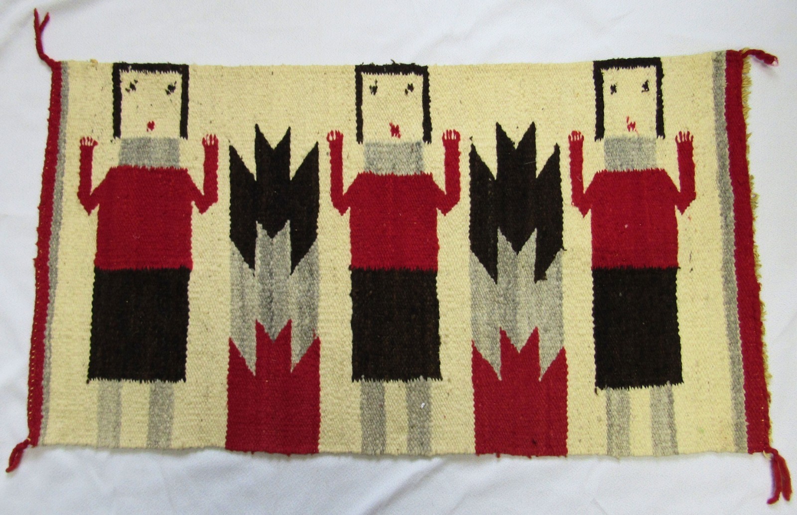 Vintage Navajo Indian Hand Woven 3 Yei Figures & Corn Stalks Textile Rug Weaving