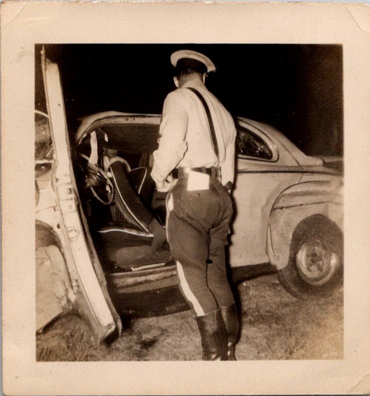 Vintage 1940s 1950s Photo Police Officer Trooper At Night Car Accident Scene