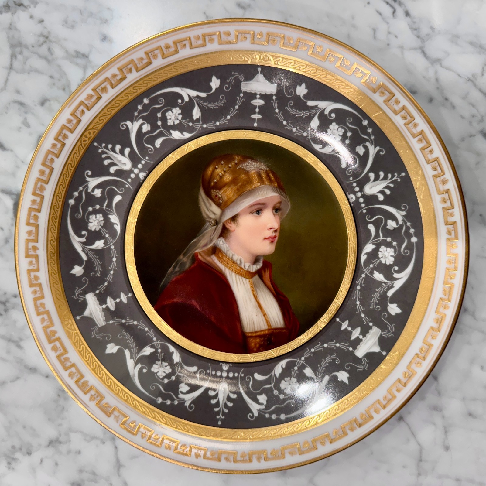 Antique KPM Berlin Portrait Plate 24.5cm Hand Painted Renaissance Lady Gold Gilt