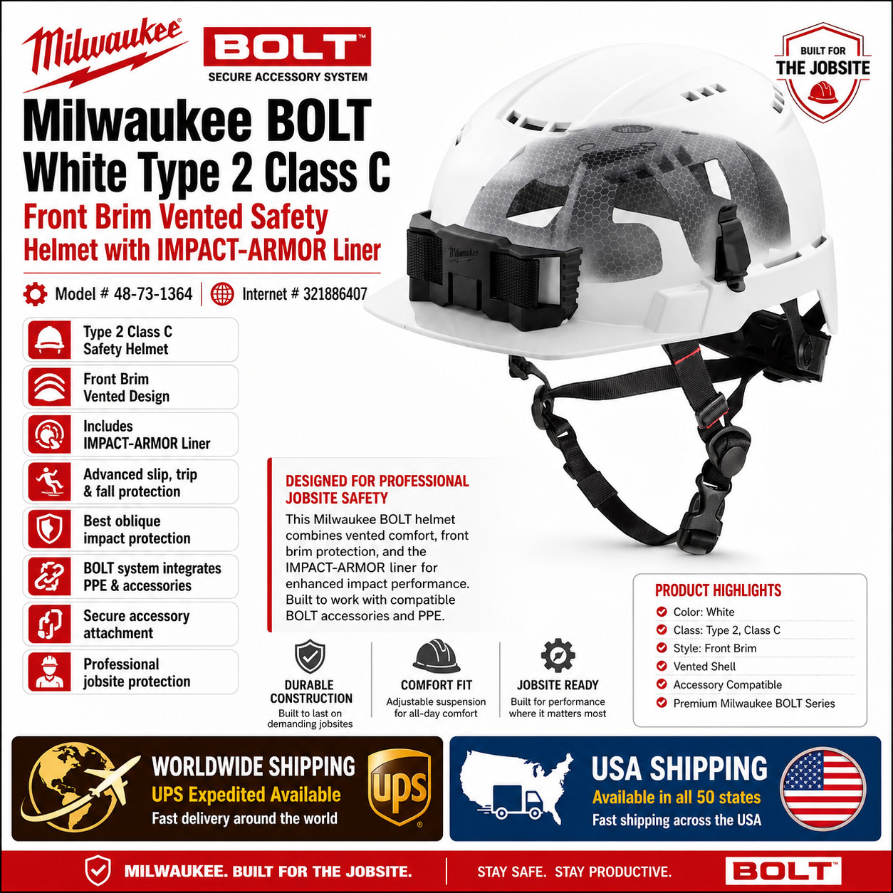  Milwaukee BOLT White Type 2 Class C Front Brim Vented Safety Helmet with IMPACT