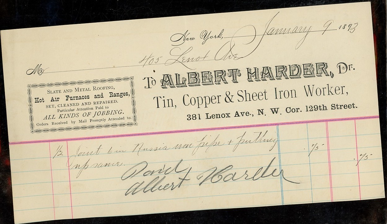 1893 Albert Harder Tin Copper Sheet Iron Worker NYC Billhead Invoice Ephemera