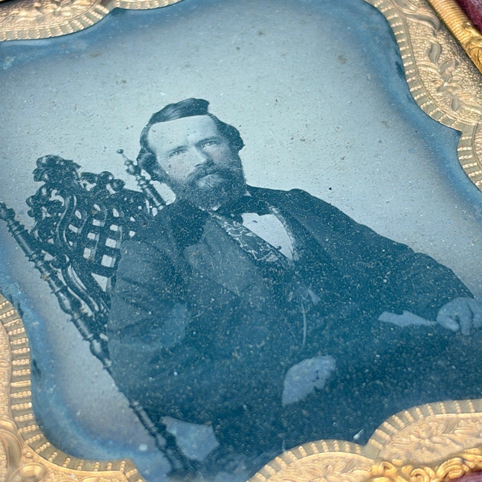 1/6th Plate Ambrotype Man Seated Gothic Chair Tinted Cheeks Half Case