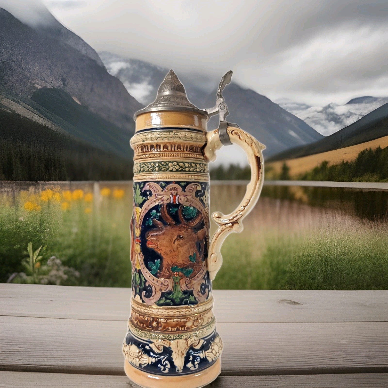 VTG Gerz Rare PRE WWII Stein Hunting Dog & Stags German Lidded Breweriana # 660