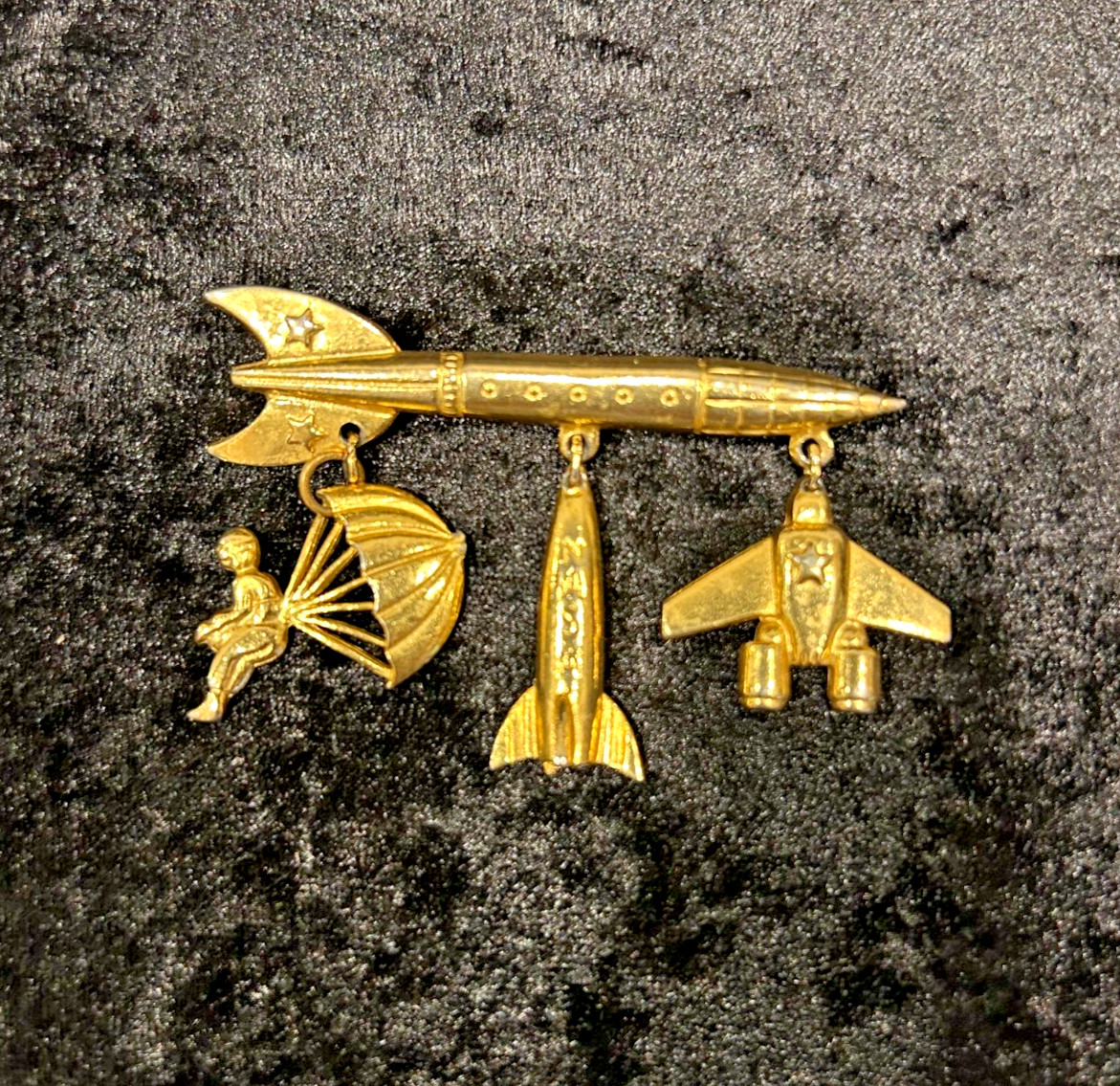 Vintage 1960s NASA Rocket Dangle Charm Brooch Pin Mid Century Space Age Jet
