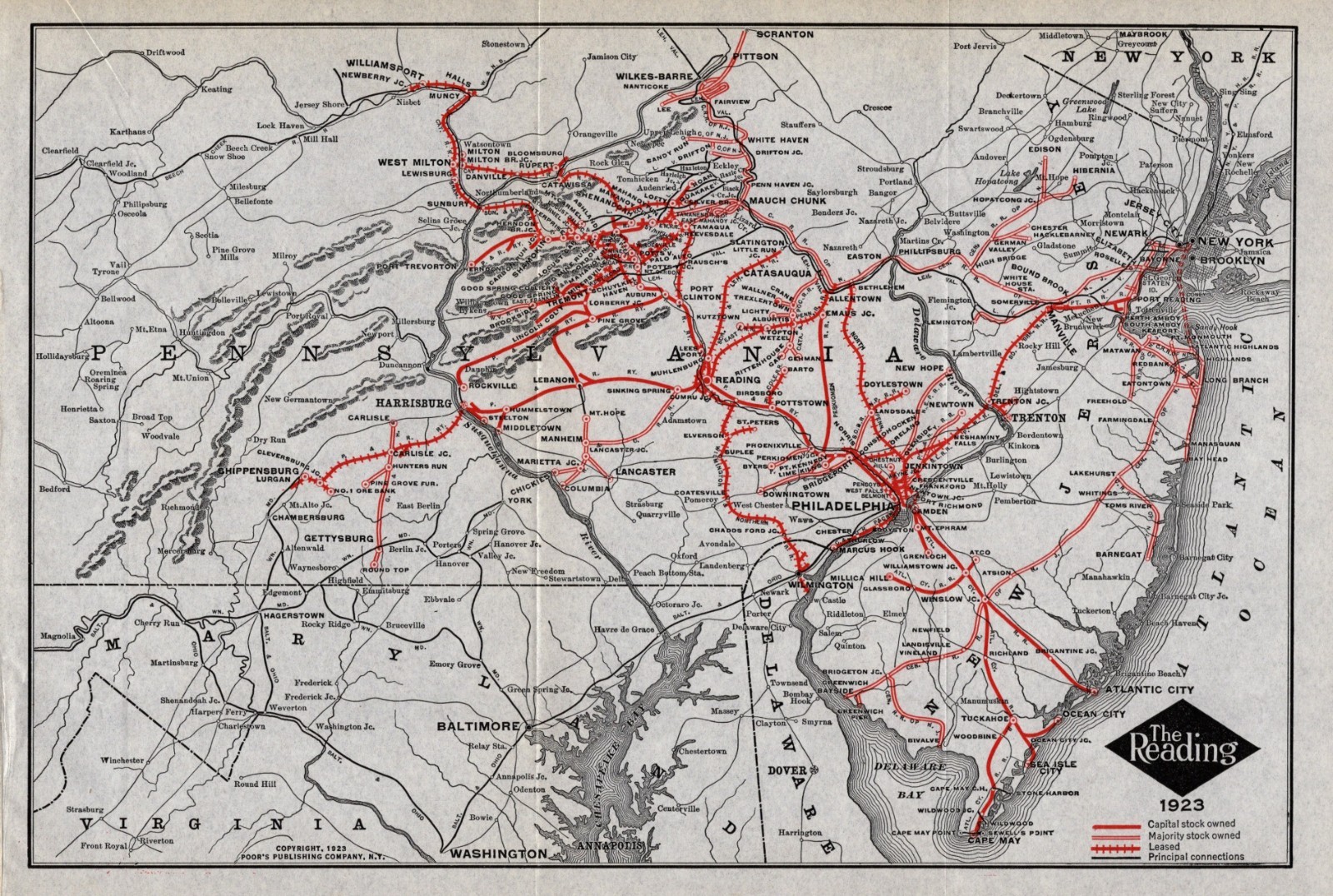 1923 Antique Reading Railway Map Vintage Reading Lines Railroad Map 3252