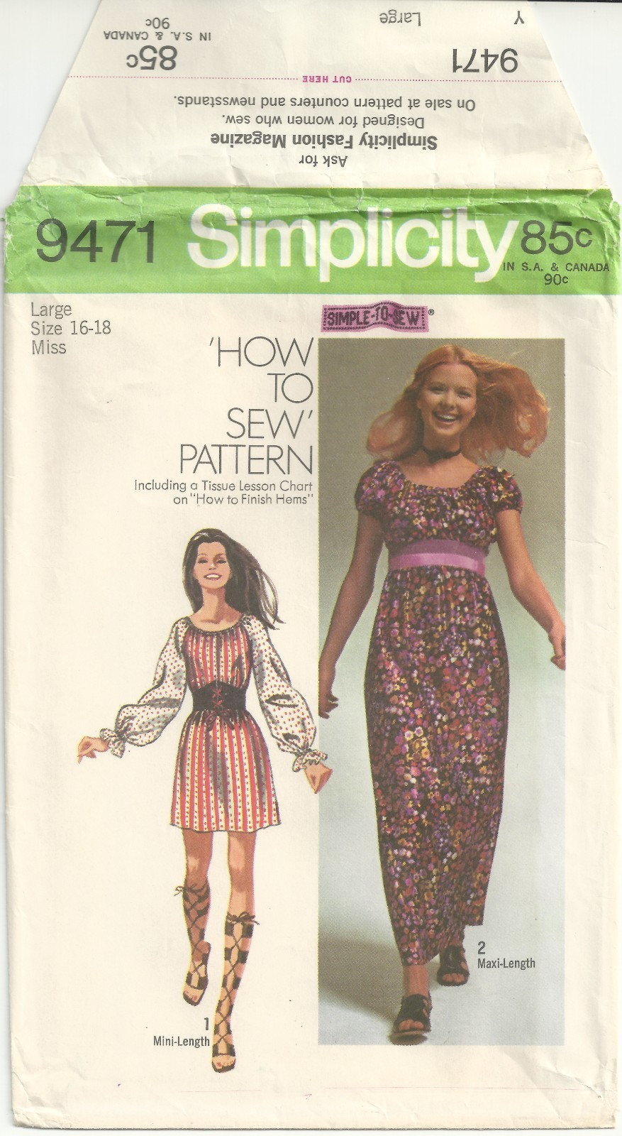 Vintage 1971 Sewing Pattern Simplicity 9471 Misses Dress Size 16-18 Bust:38-40