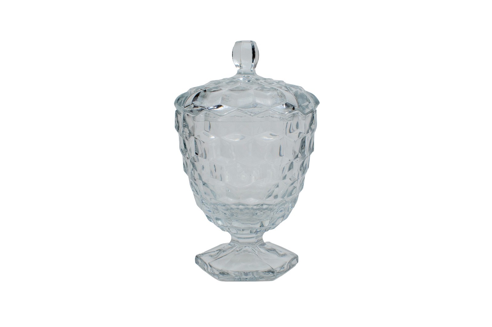 Vintage Fostoria American 2056/347 Cube Clear Glass Footed Candy Dish Jar & Lid