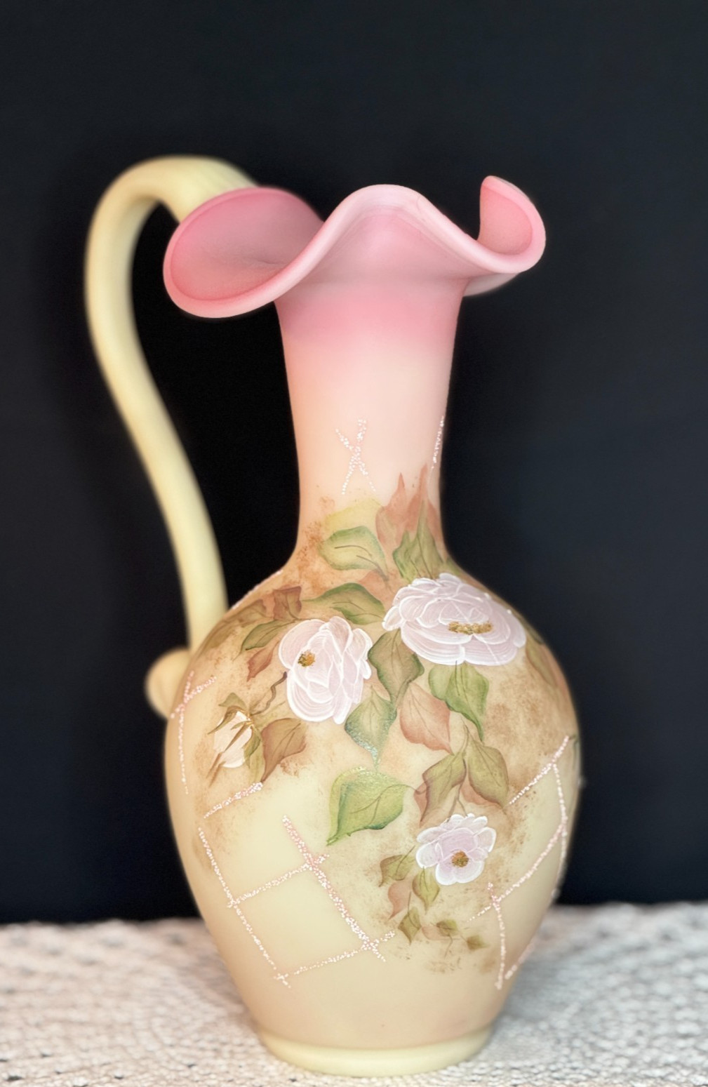 Fenton Burmese Ewer Pitcher Hand Painted with White Roses w/Gold Frit