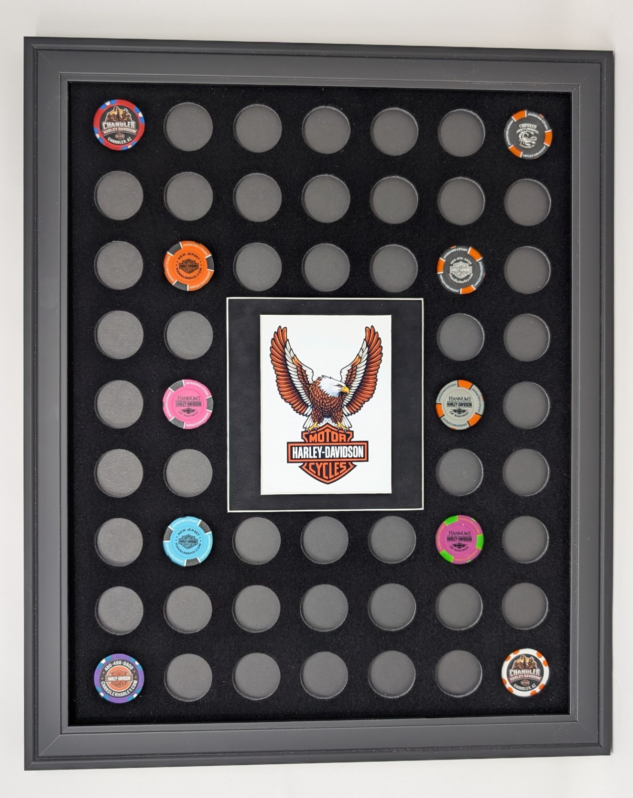 54 HARLEY DAVISON POKER CHIPS (NOT INCLUDED) WALL DISPLAY PICTURE FRAME