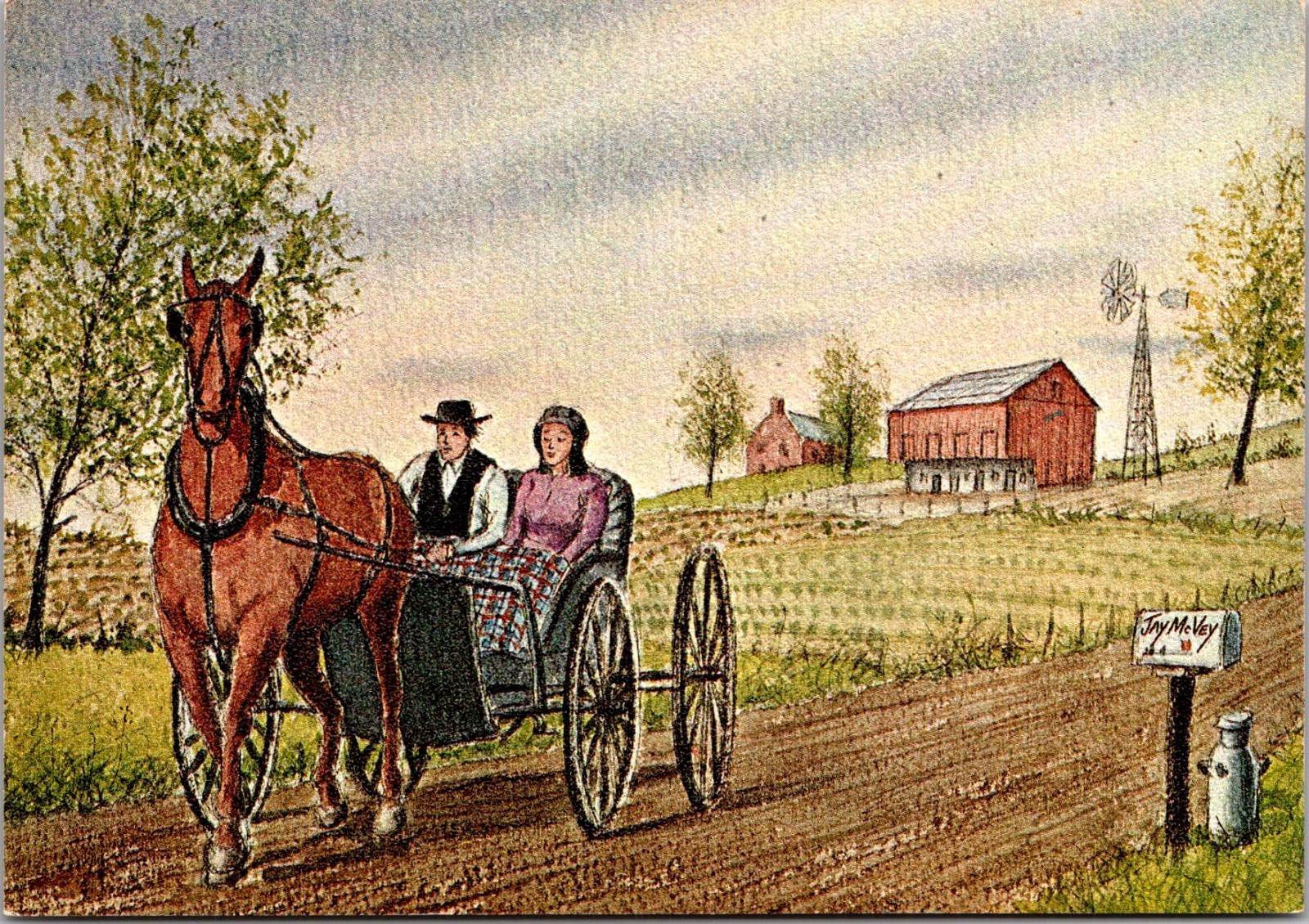 Pennsylvania PA Dutch Art Artist Jay McVey Signed Amish Courting Time Postcard