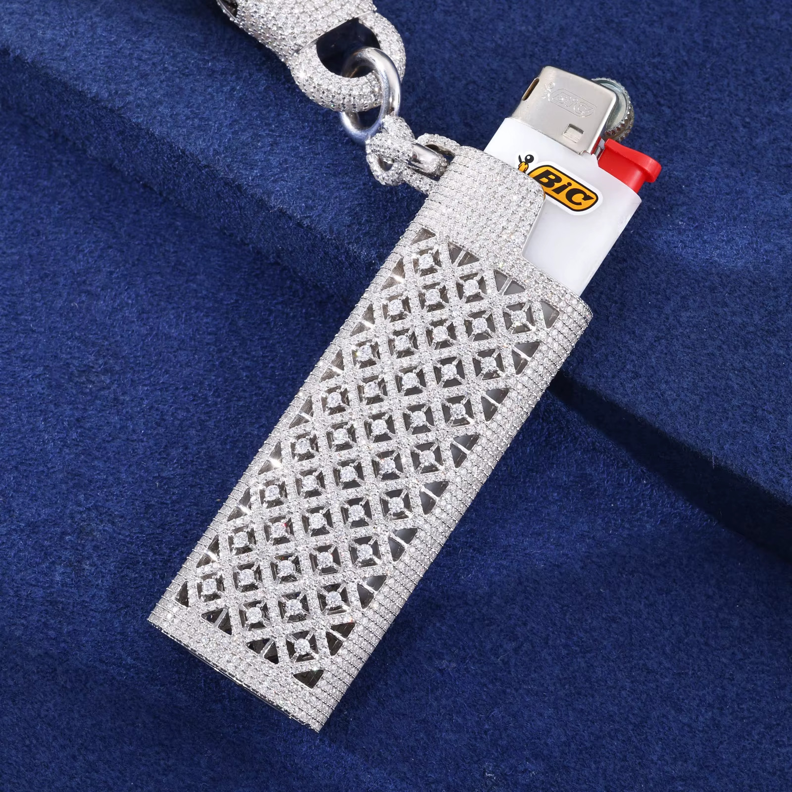 Iced Out CZ Lighter Case Brass Hip Hop Wallet Chain Luxury Accessory Silver Tone