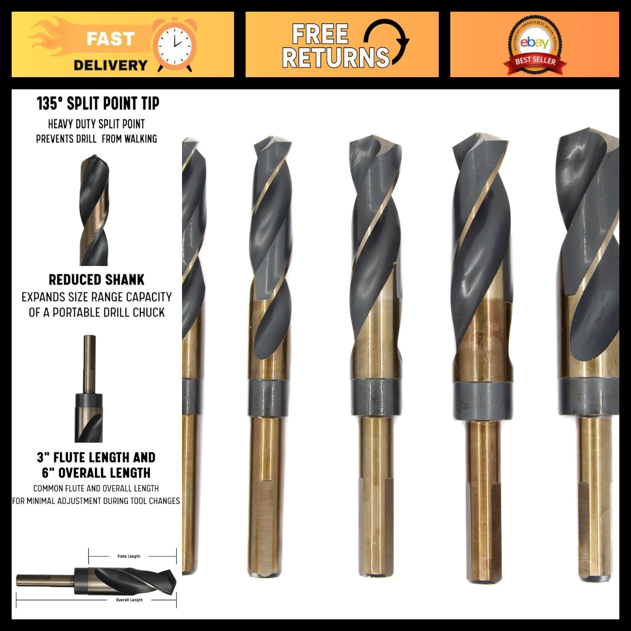 Drill America 5 Piece Contractor High Speed Steel Black and Gold Reduced Shank D