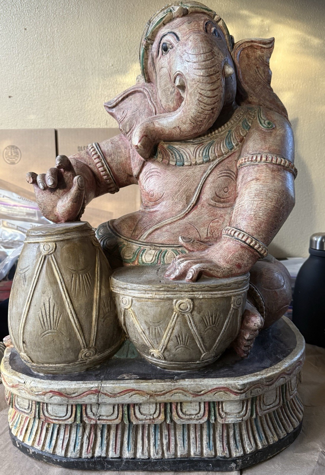 Vintage Lord Ganesha Hindu Deity God Master Drummer Large Wood Carved Statue 23”