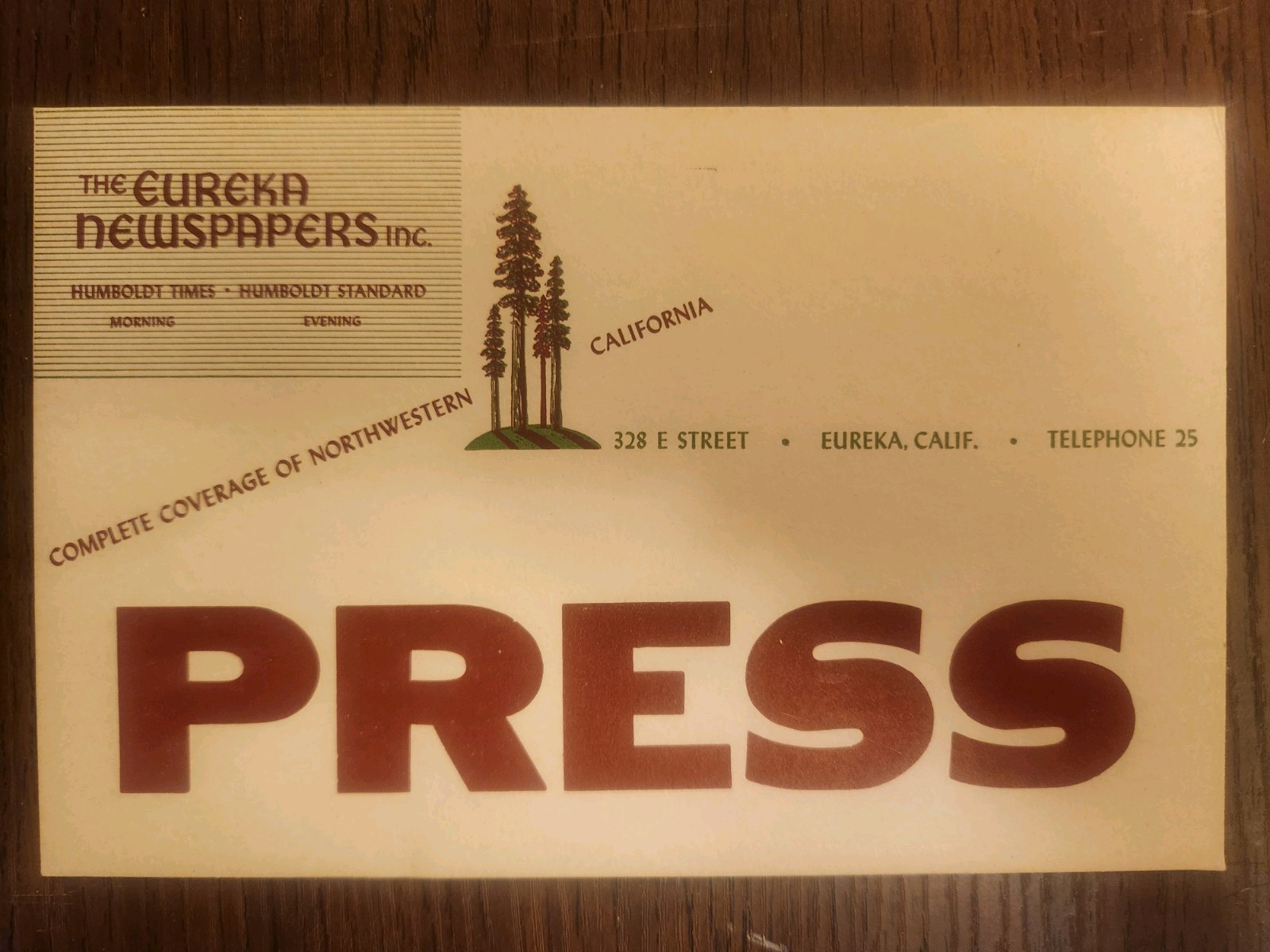 Vintage 1950s Eureka CA. Humboldt Times Newspaper Media Press Pass Placard