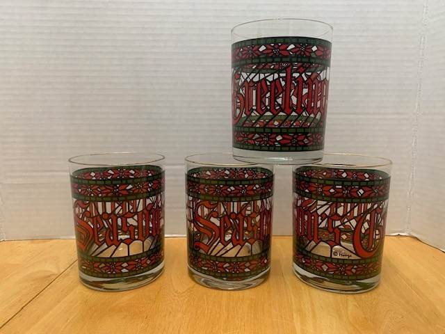 VTG Houze Art Season\'s Greetings Lowball Double Old Fashioned Glasses MCM- 4 set