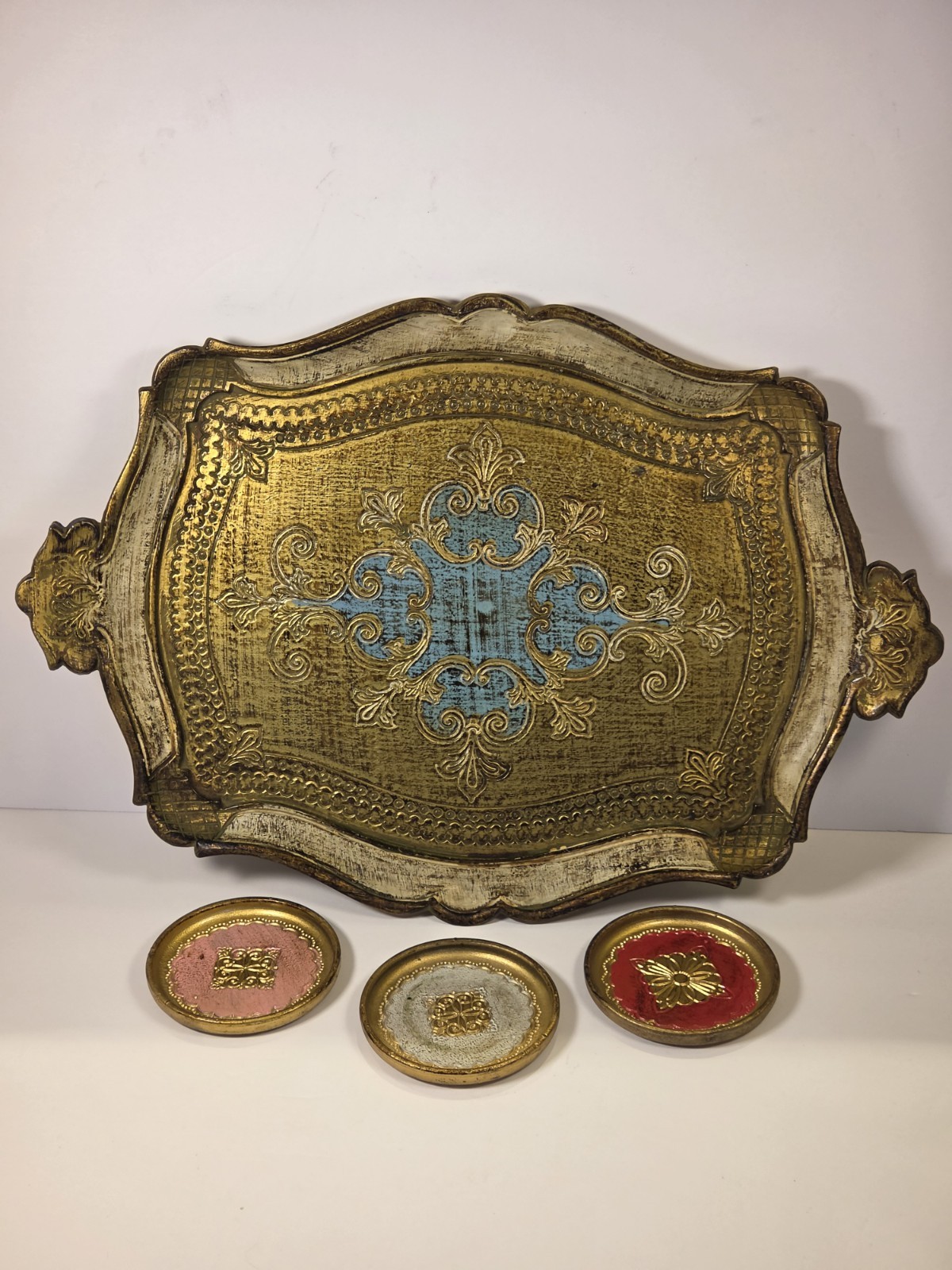 Vintage Italian Florentine Set - MAF Gilt Serving Tray & 3 Wooden Coasters MCM