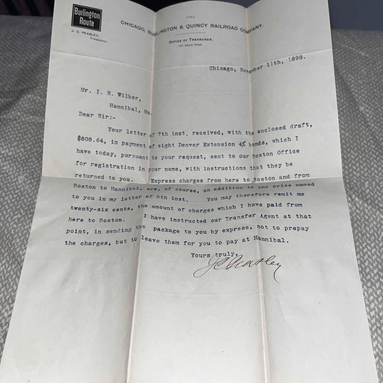 Antique 1898 Bond Payment Letter from Chicago Burlington & Quincy Railroad Route
