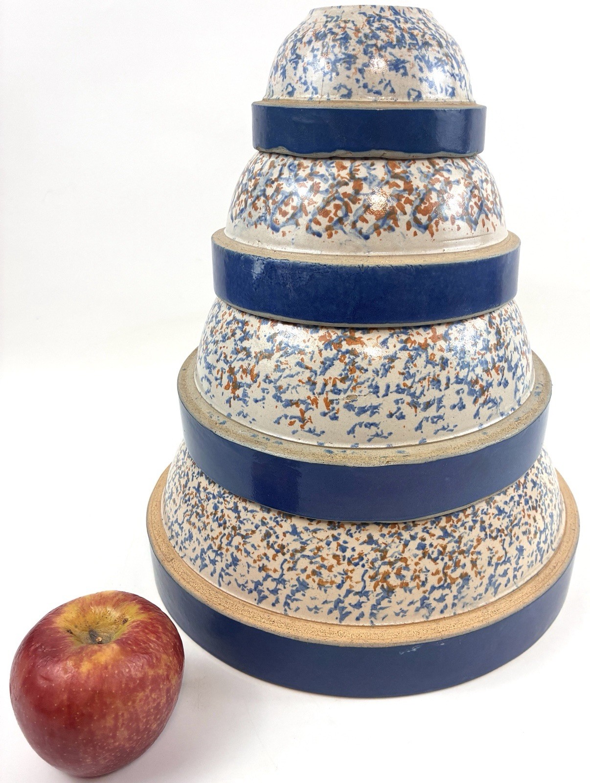 🔥LARGE Set 4 Vtg Stoneware Mixing Bowls Blue Stripe Sponge ware Antique 11”