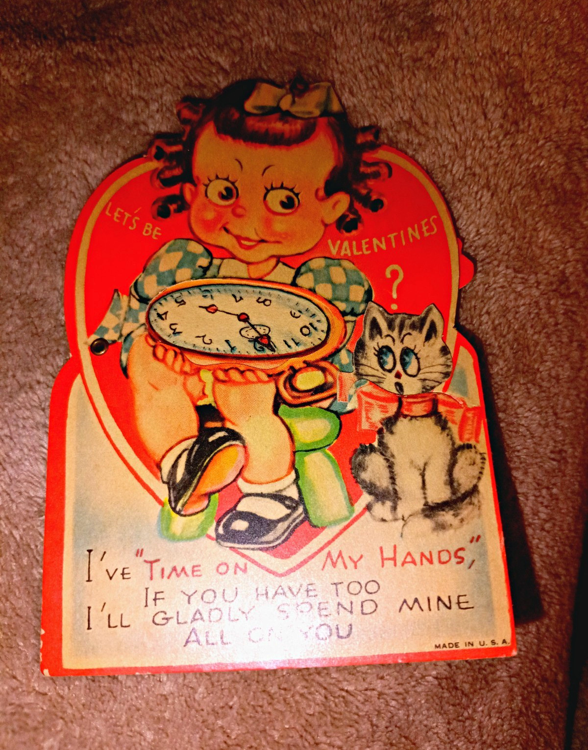 Vintage Valentine’s Day Card Girl With Clock & Cat “Time on My Hands” Mechanical