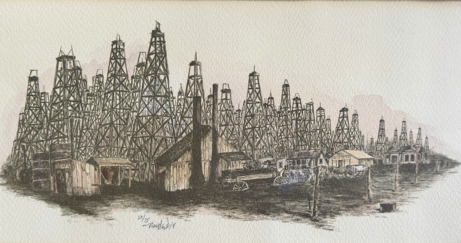 VTG Oil Field & Rig Pen & Ink Lithograph of Old Texas Oil Derricks Signed/Number