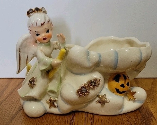Vintage 1957 Lefton October Angel with Jack O'Lantern Planter #165 **READ**