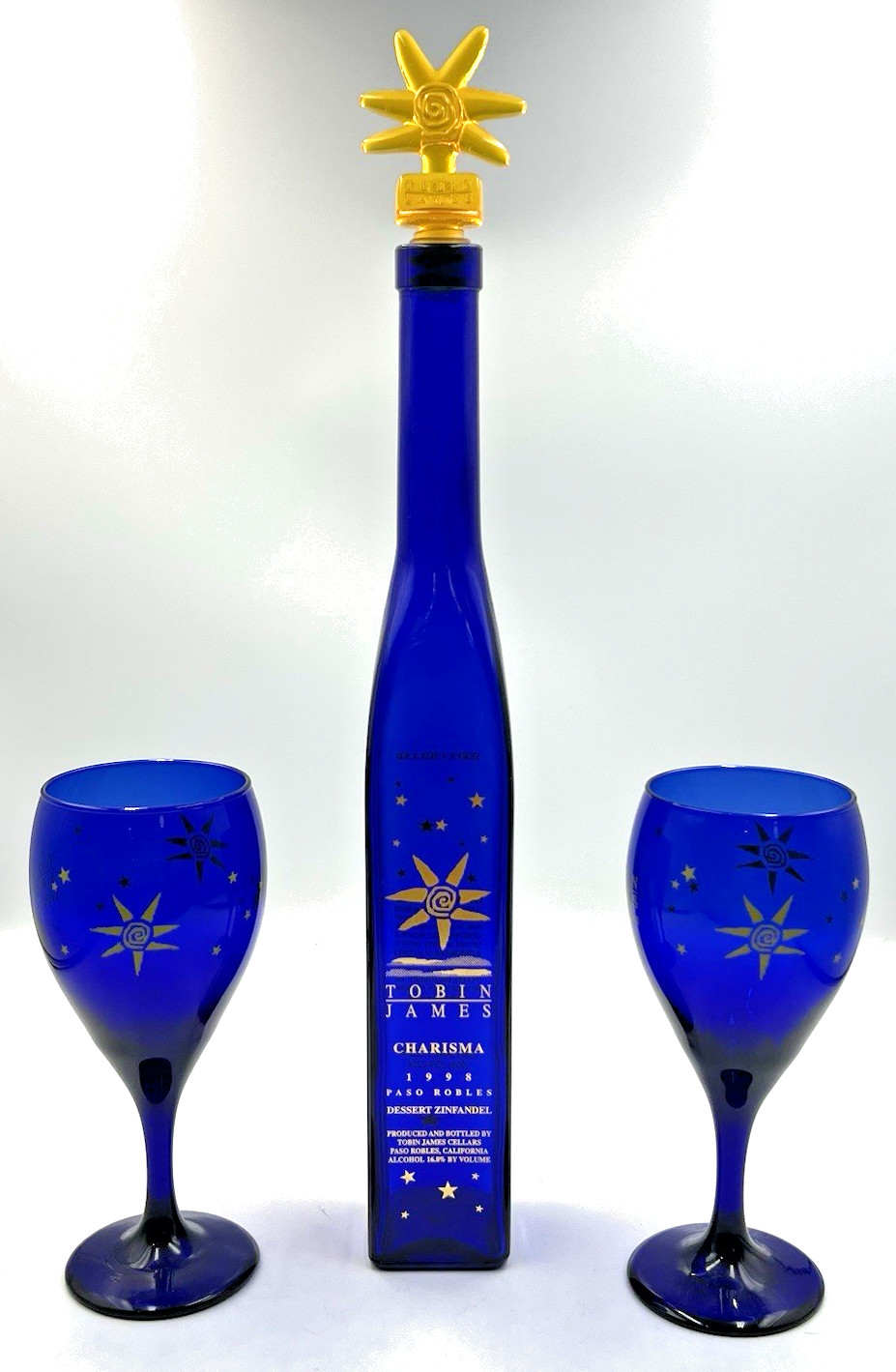 Tobin James Wine Glasses Cobalt Blue Sun Star Pair & 1998 Empty Bottle w/ Topper