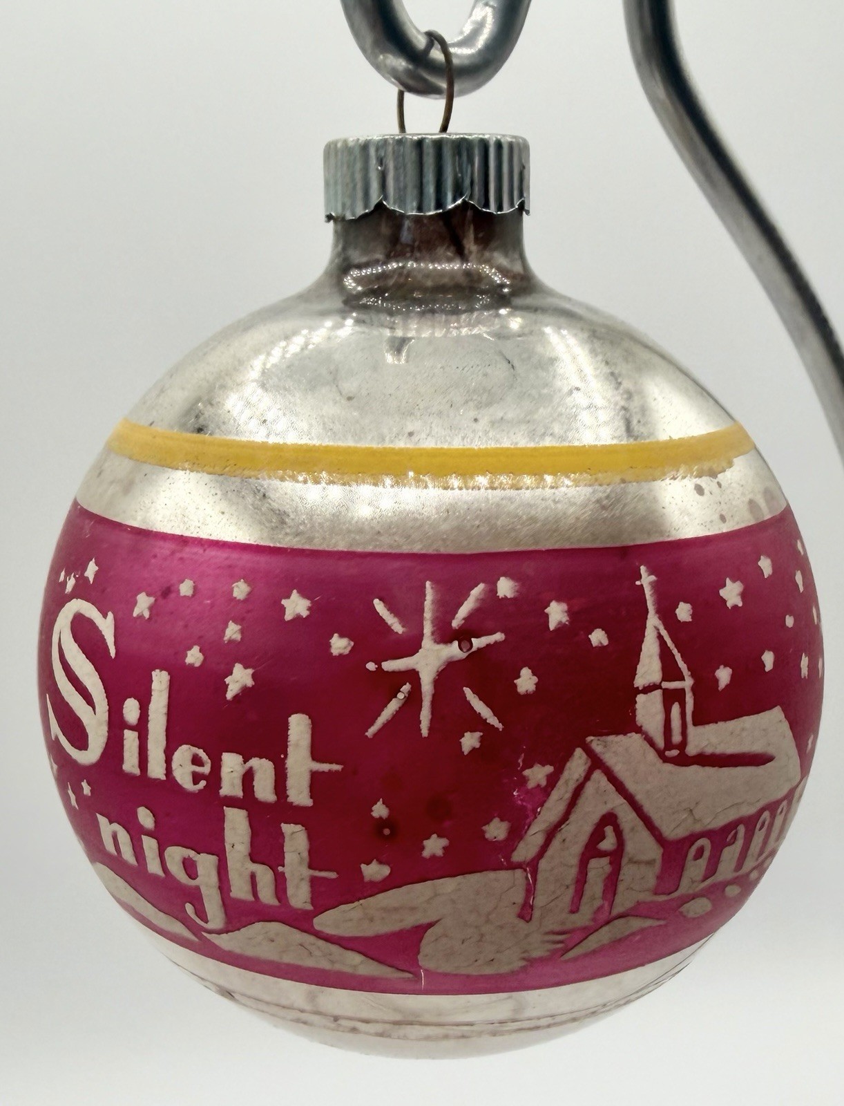 Vintage Shiny Brite Silent Night Pink Stencil Glass Ornament USA 2.5” Church