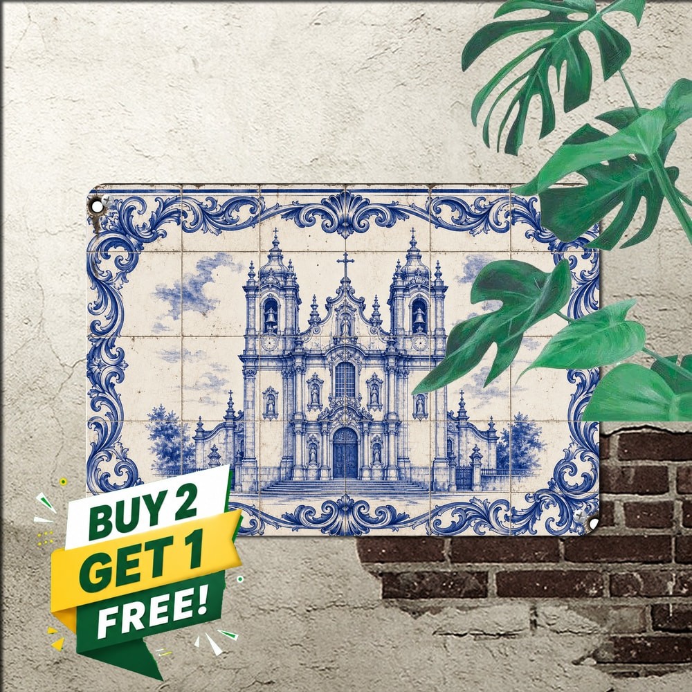 Portuguese Azulejo Tile Style Metal Sign Vintage Kitchen Wall Decor