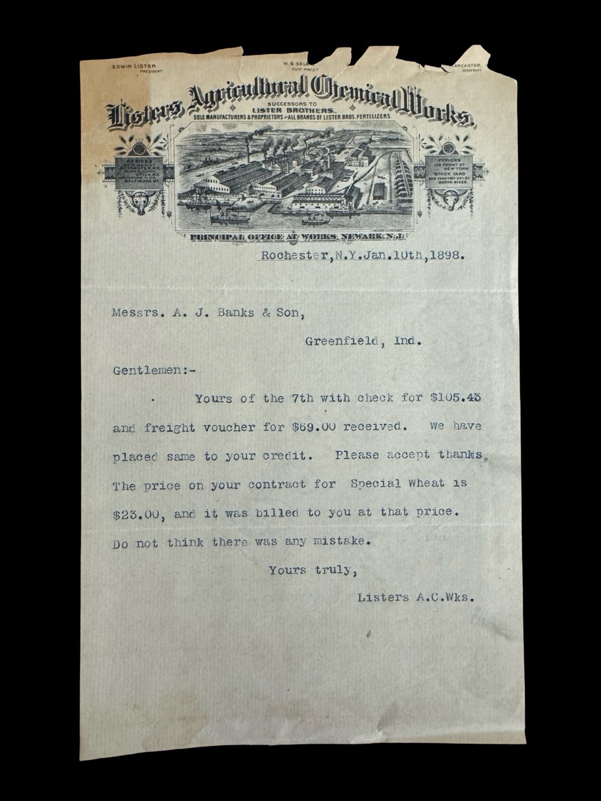 1898 Listers Agricultural Chemical Works Letterhead Rochester NY Wheat