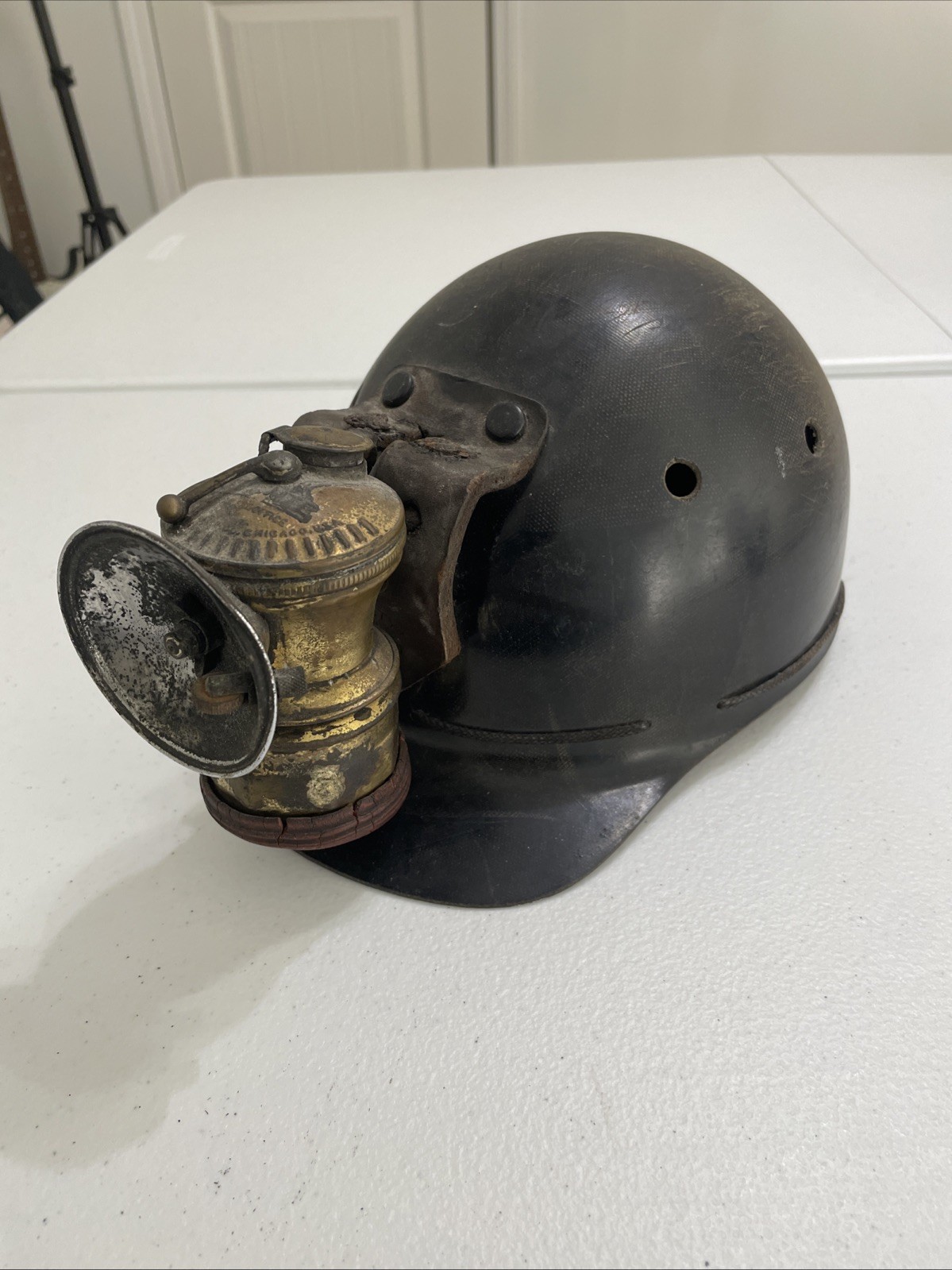 Vintage MSA Comfo Cap Coal Miner Helmet Auto-Lite Carbide Lamp Brass USA Mining
