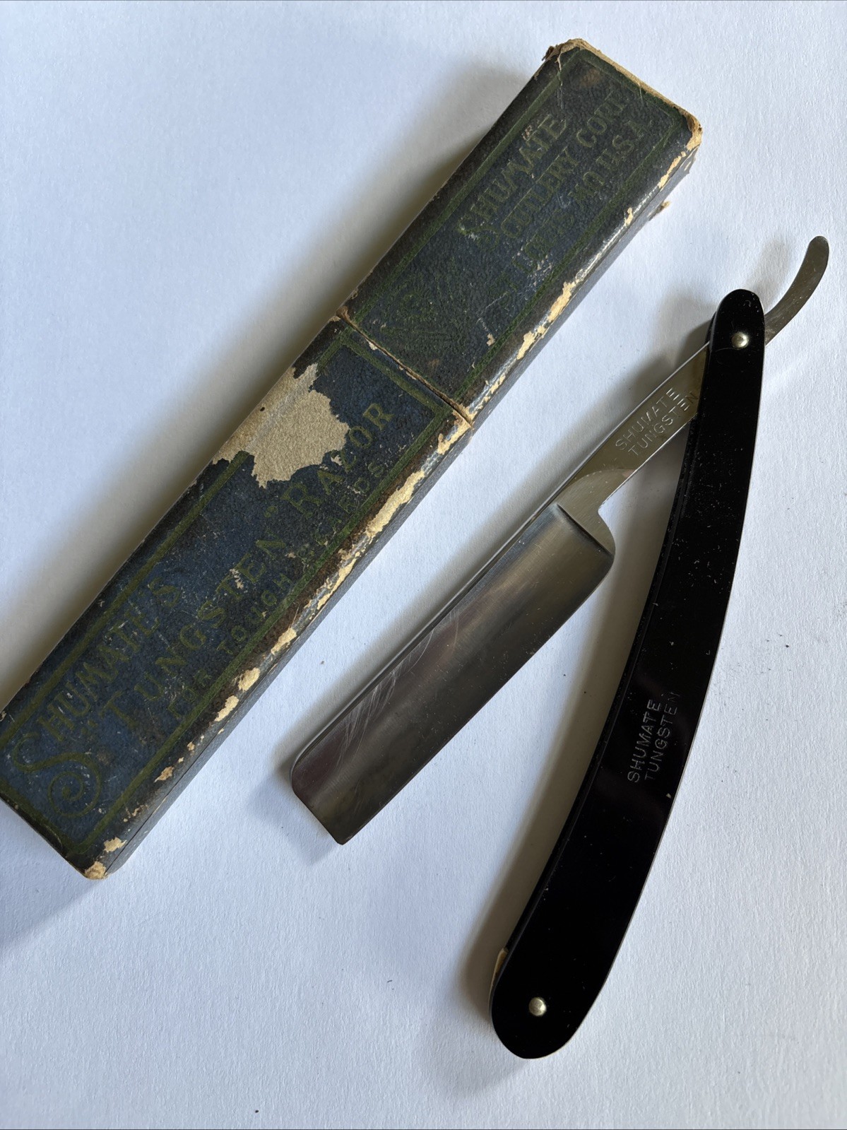 Vintage Shumate Tungsten Straight Razor, Black Handle Original Box - St Louis MO
