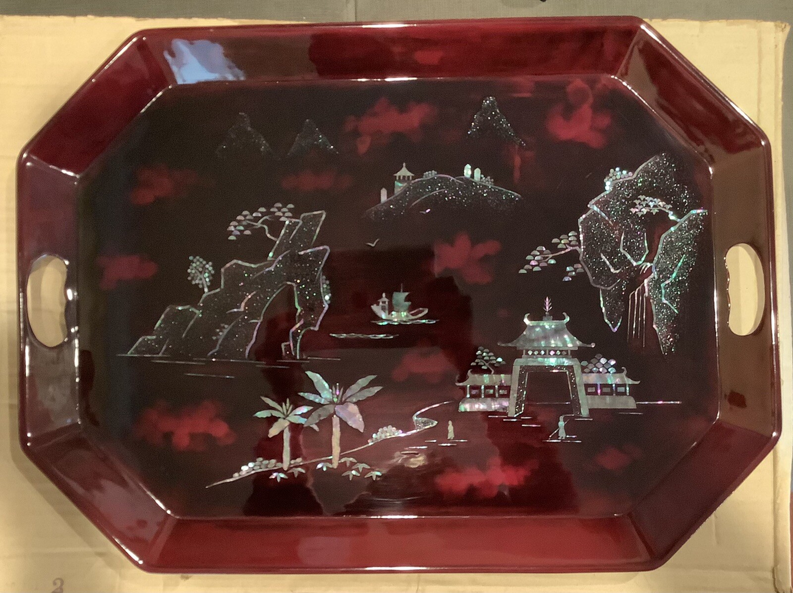 Vintage Maruni Lacquerware Tray with  Mother Pearl Handles -Occupied Japan 22” L