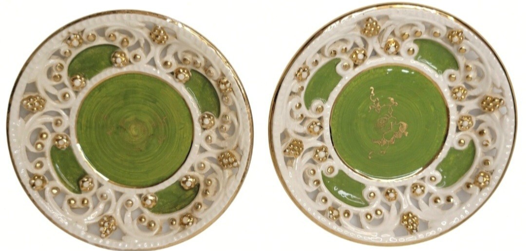 VTG KBNY Italy Reticulated Ceramic Plates Set of 2 Green Gold Pierced 1364/138