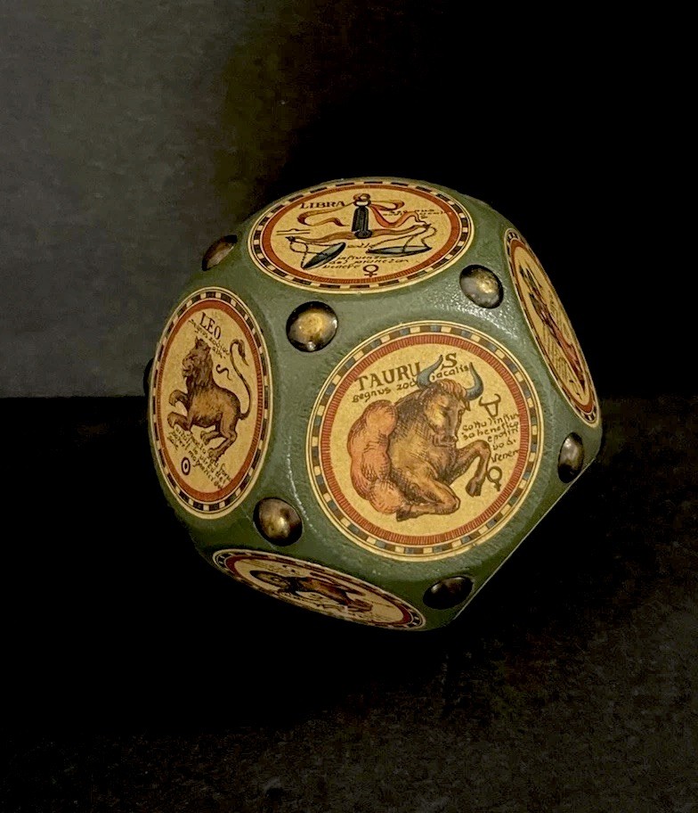 VTG 1960's Italian Green Zodiac Dodecahedron Die Paperweight Wood Leather EUC