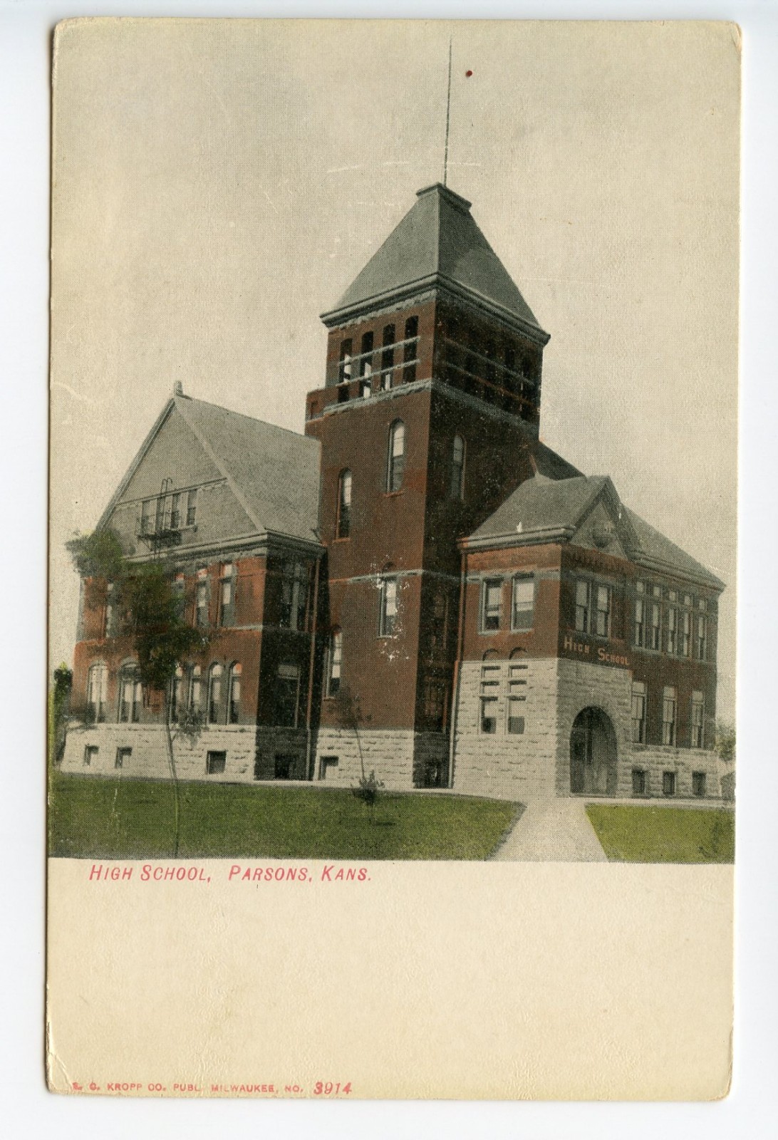 Vintage c1908 Postcard: High School Parsons KS Kansas EC Kropp Co Architecture