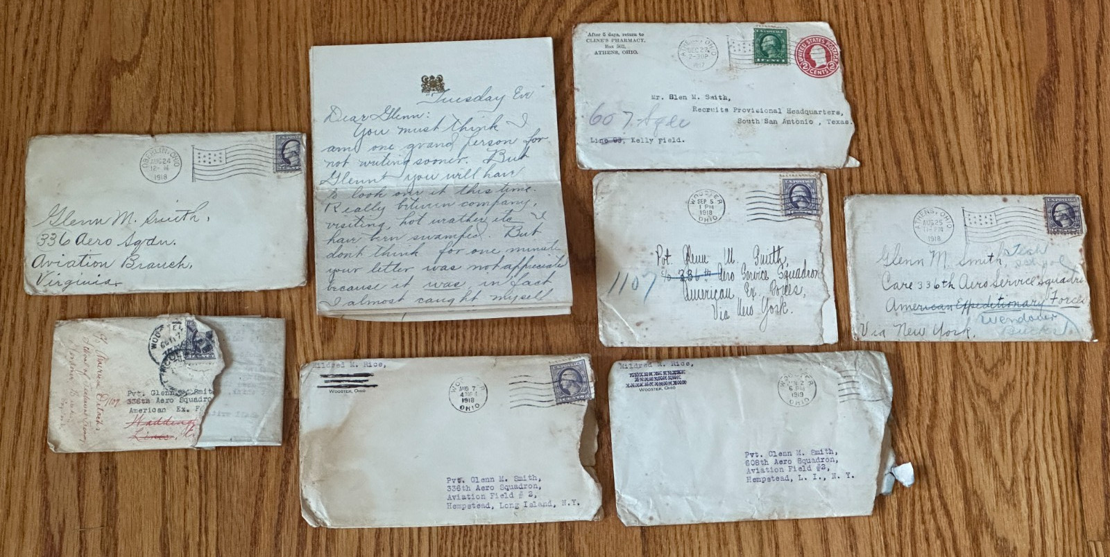 Lot 8 Letters WWI Soldier 1917-1919 336 Aero Squadron Wooster Athens Oberlin OH