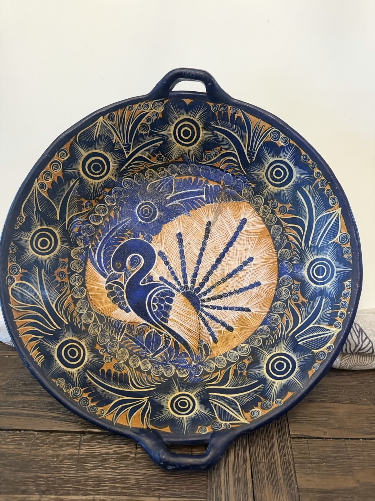 Handmade Mexican Talavera Blue Bird Blue Redware  16” Hand Crafted