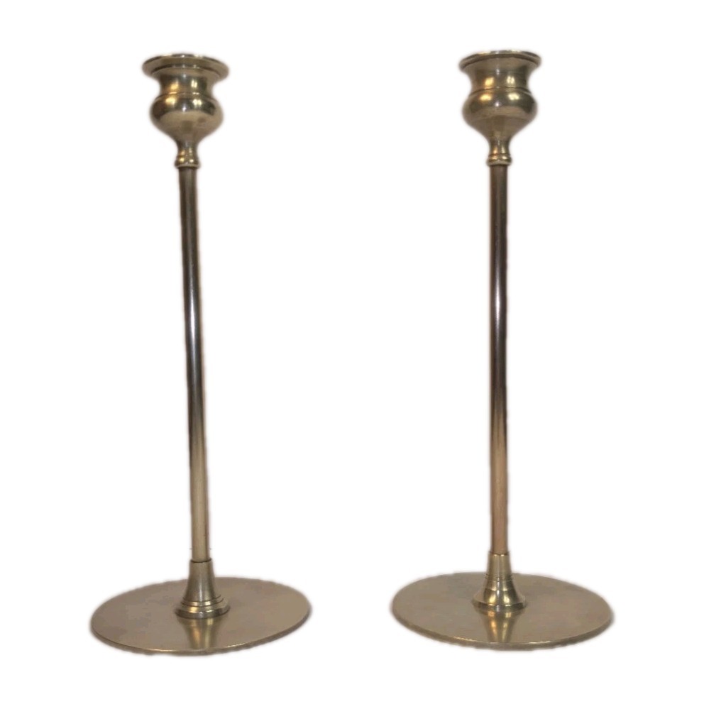 Pair of American Arts & Crafts Turned Brass Robert Jarvie  Style Candlesticks