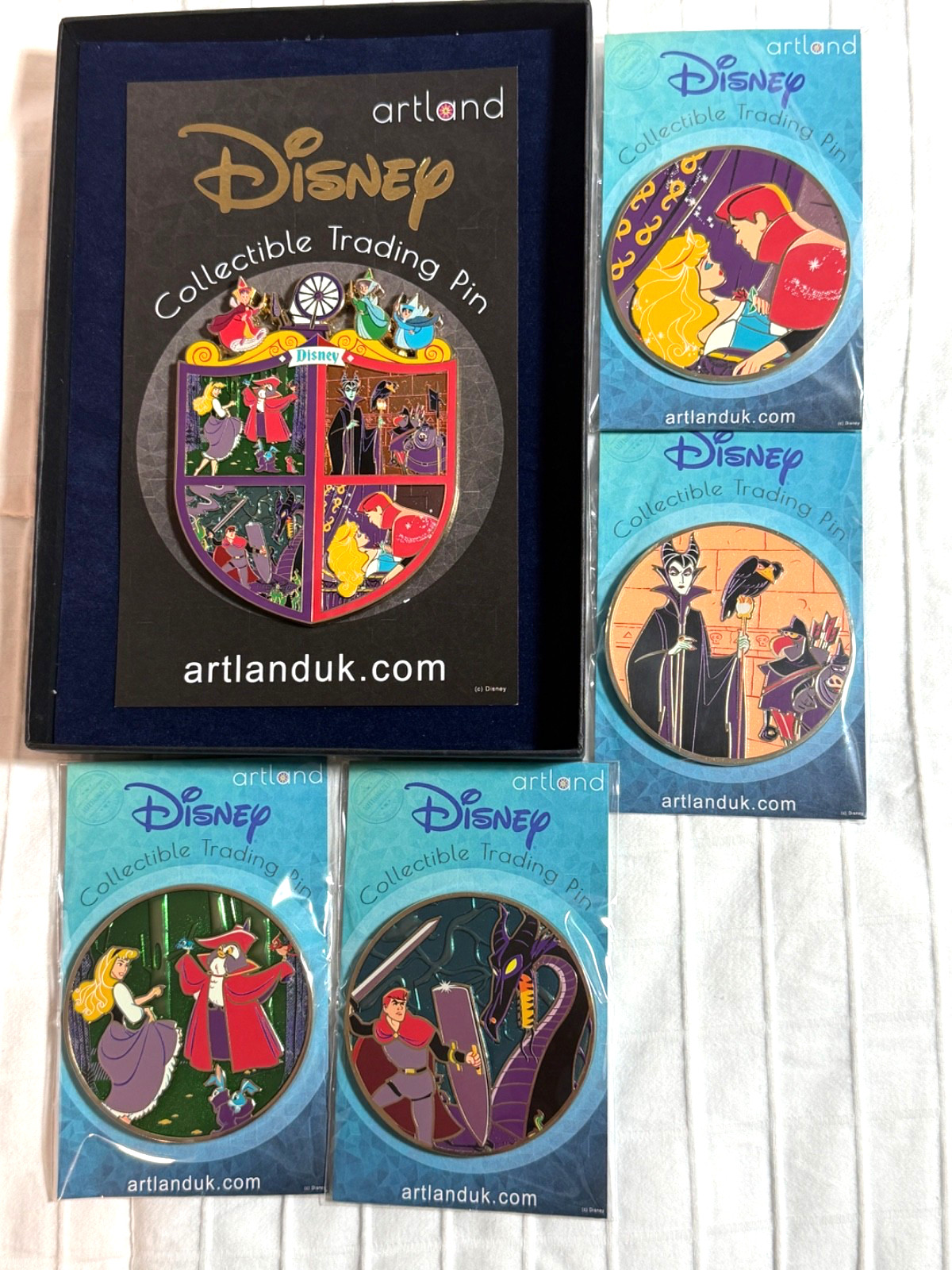 Disney Artland Sleeping Beauty Crest 5 Pin LE Set + Lithograph Aurora Maleficent