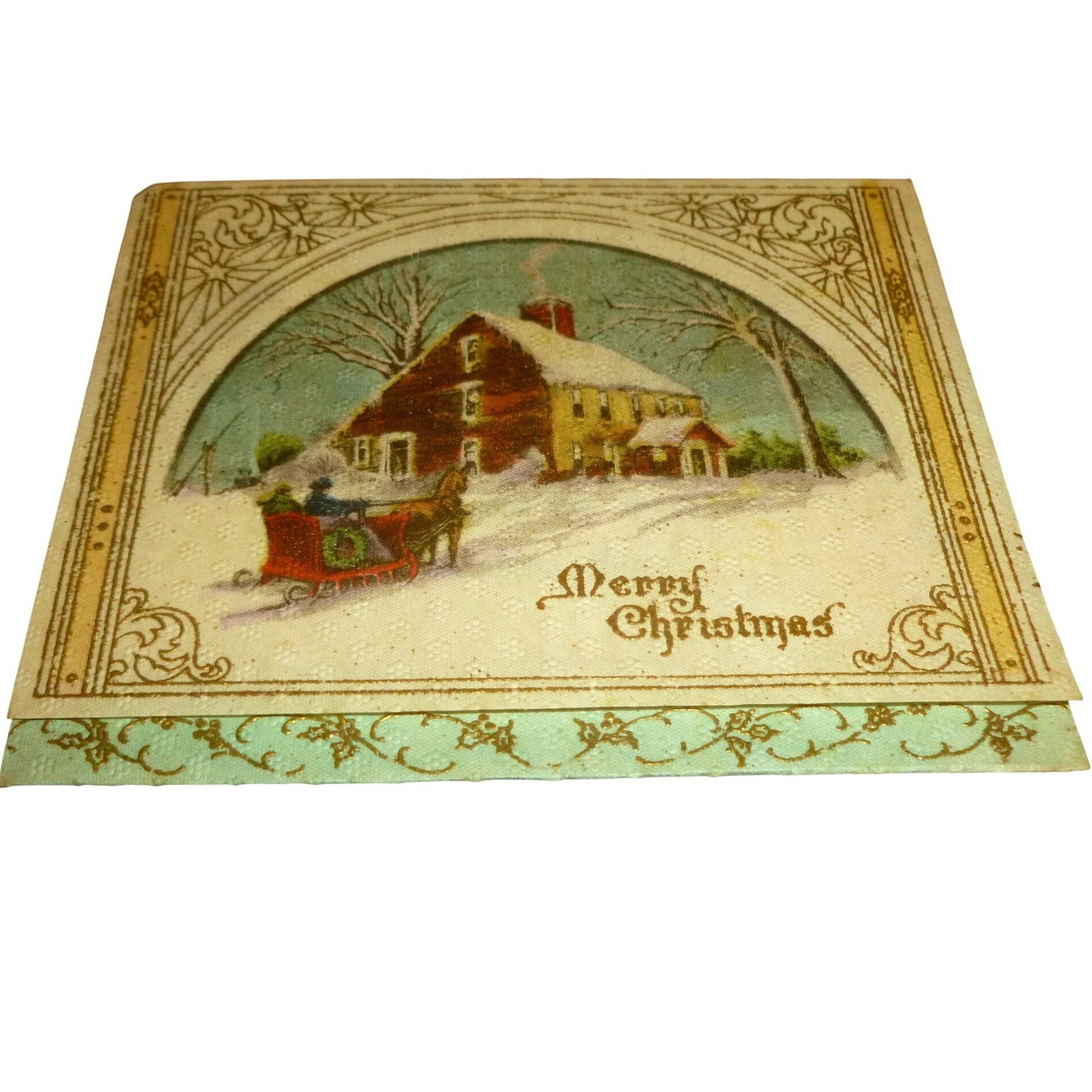 Vintage Merry Christmas Card Horse Drawn Sleigh Winter Scene Made in USA 4x3.25