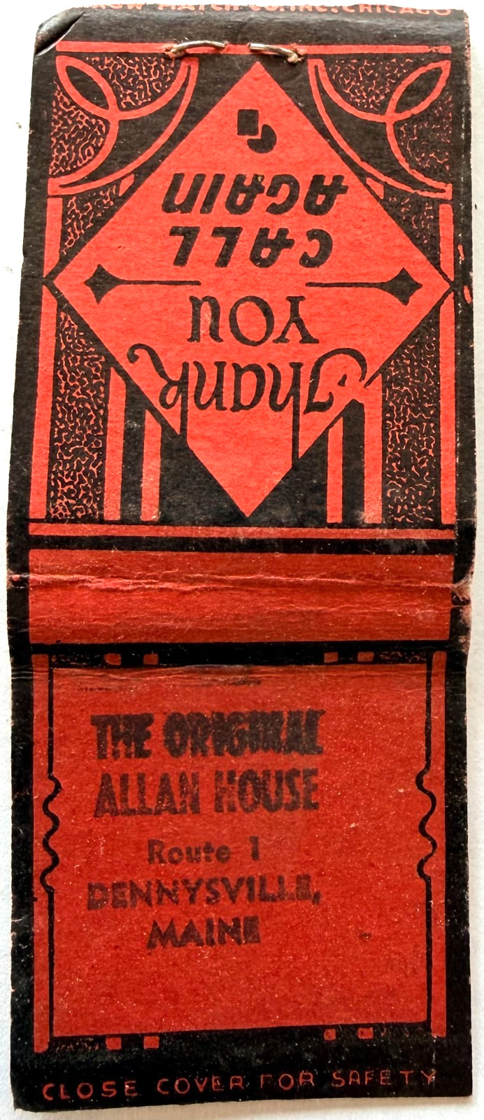 1930s Original Allan House Roadside Restaurant Matchbook Dennysville Maine