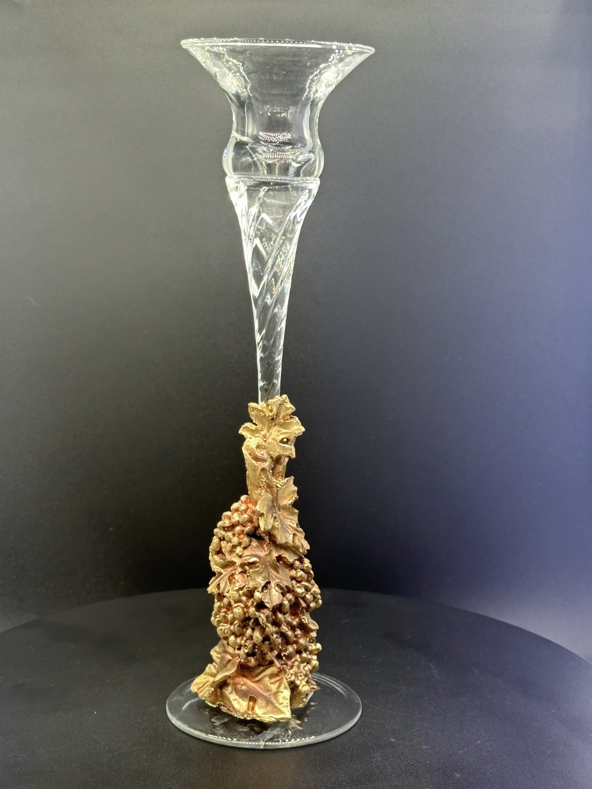 Vintage Mid-Century Gold Ormolu & Twisted Glass Taper Candle Holder Grapes Motif