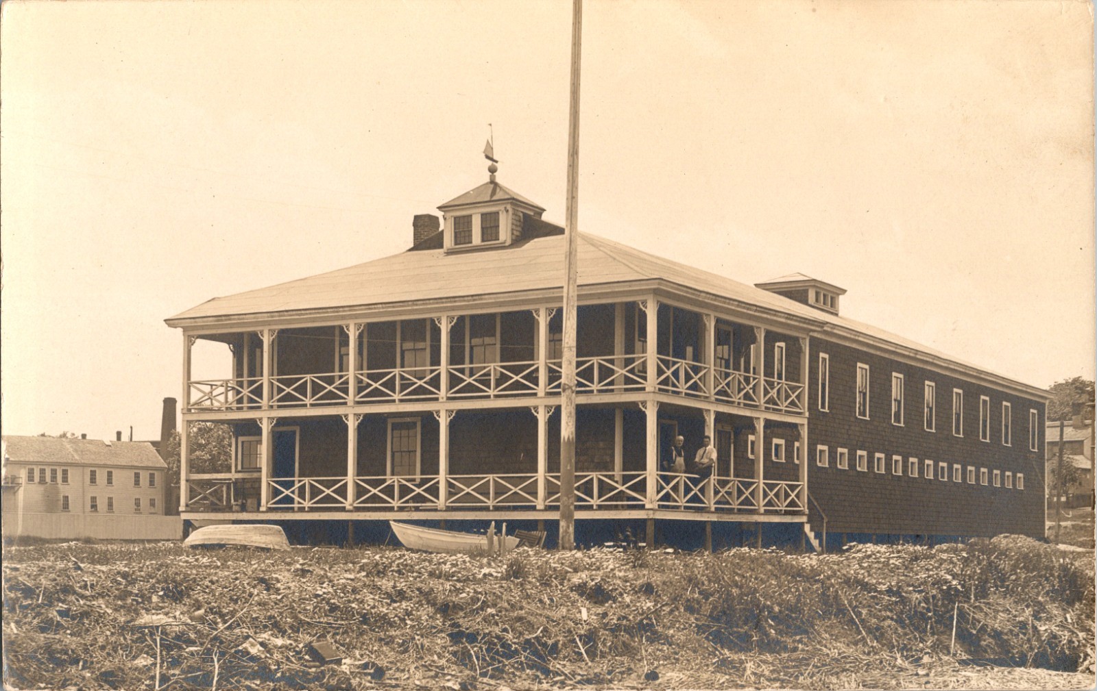 c1908 North End Boat Club Newburyport MA Merrimack River RPPC Boathouse