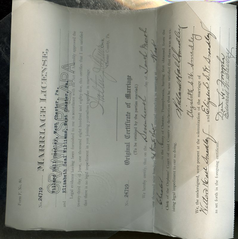 1923 - Original Marriage License / SMEDLEY / WILLIAMS Family,Pennsylvania