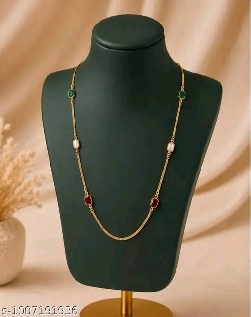 Elegant Gold-Plated Daily Wear Chain with Multicolored Stone and Pearl Accents