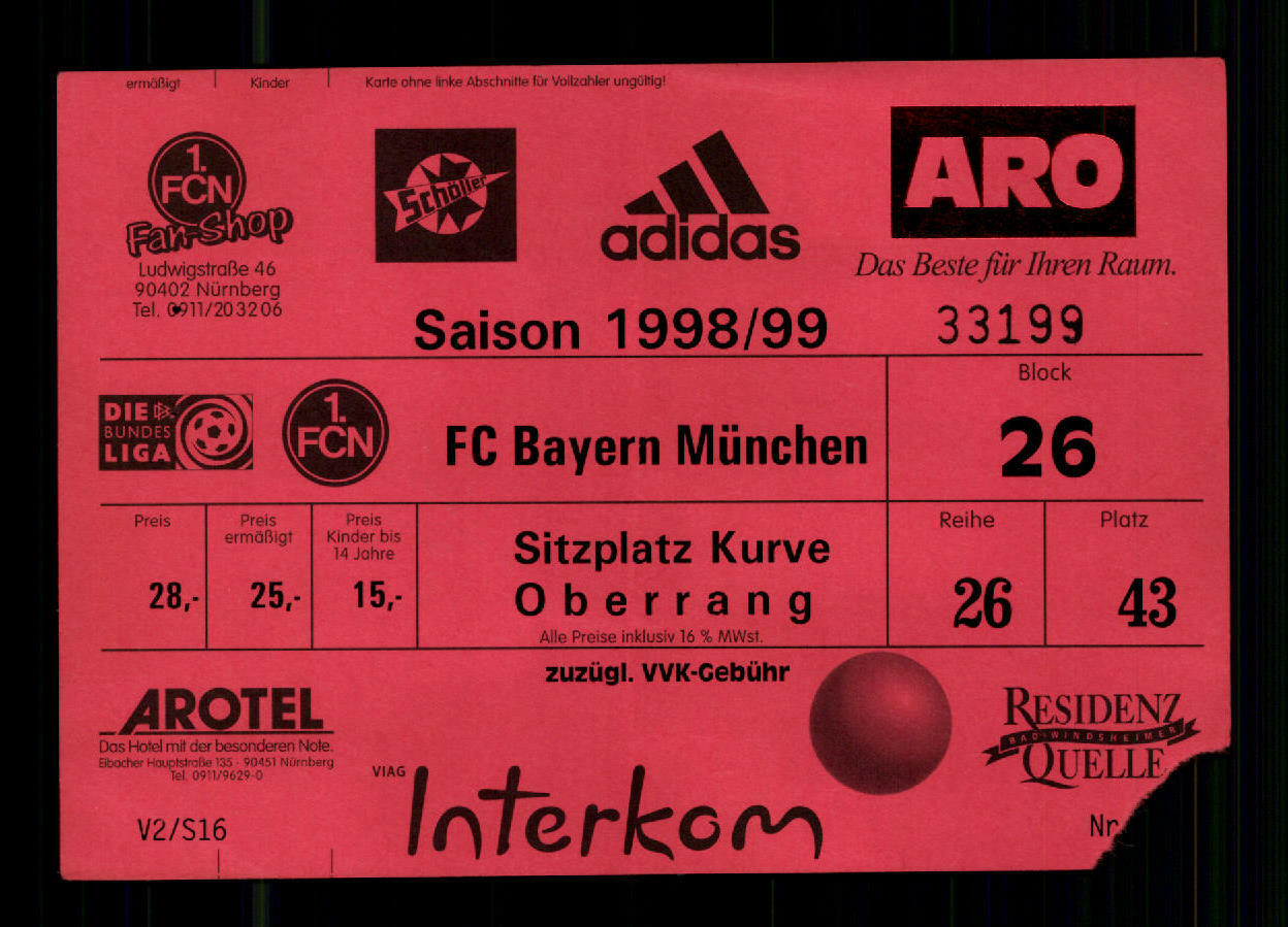 Ticket BL 1 FC Nuremberg v Bayern Munich 1998-99 + G 36477