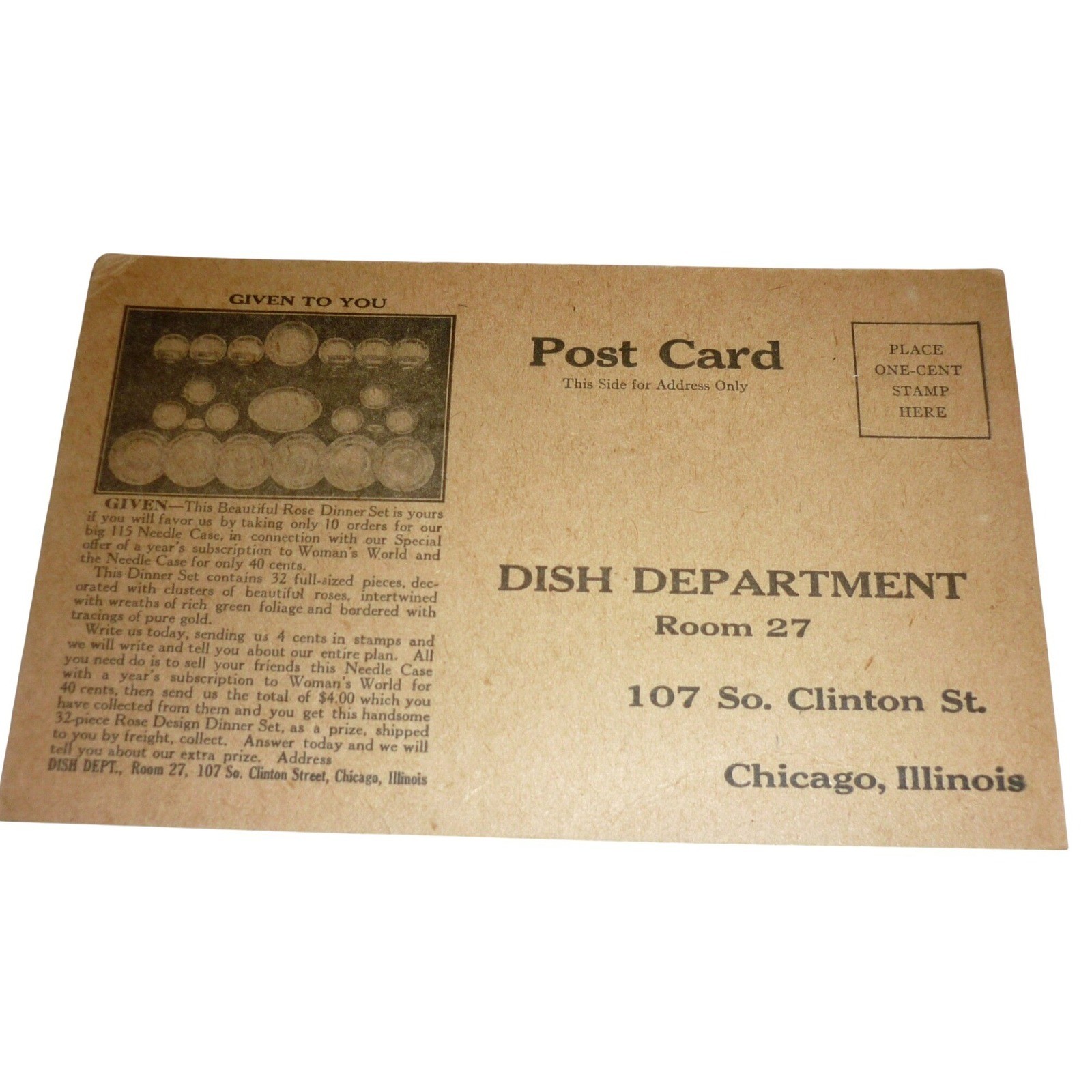 Antique Woman's World Chicago Postcard Dish Dept Needle Case Advertising 1910s
