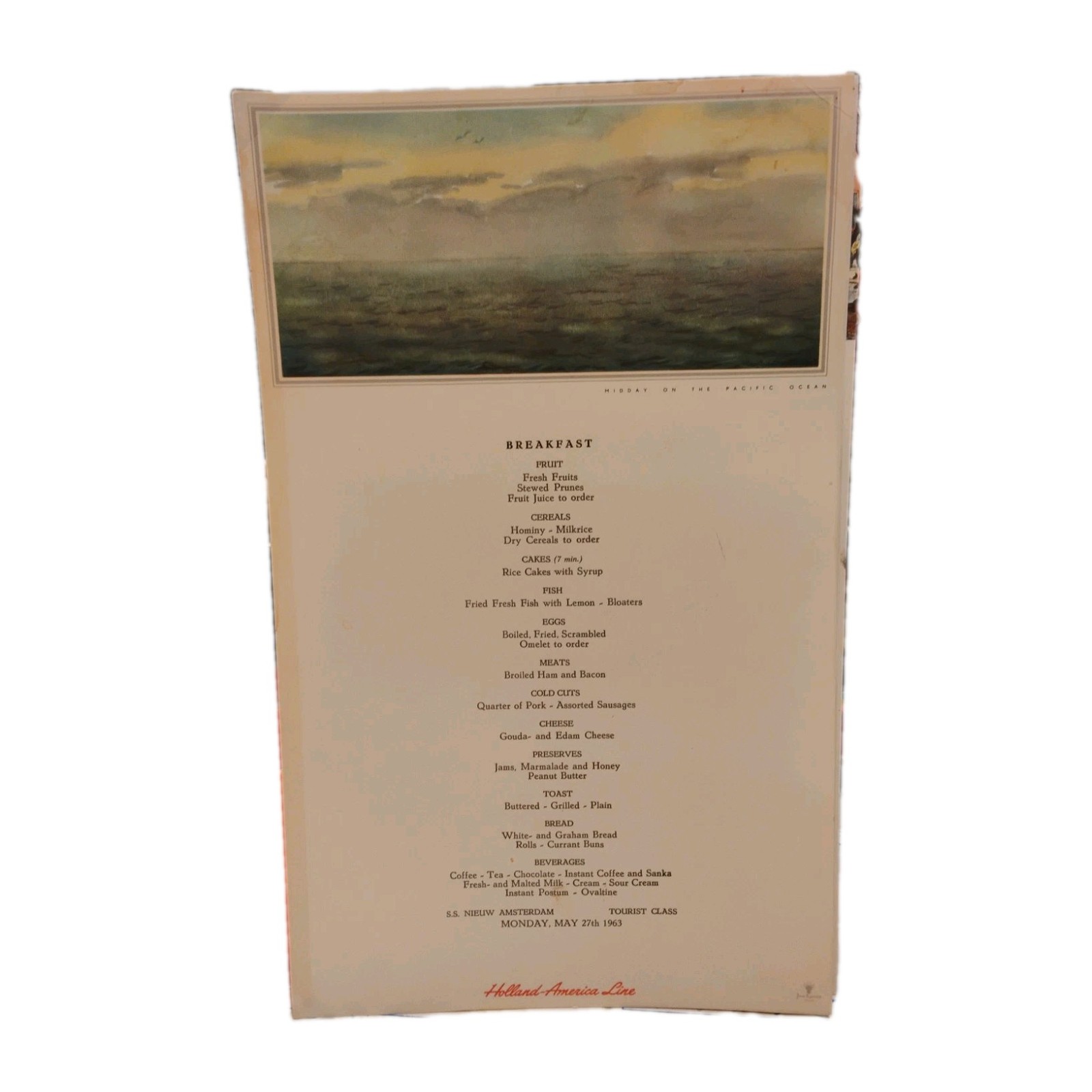 Vintage May 27th 1963 Holland America Line Nieuw Amsterdam Breakfast Menu Card
