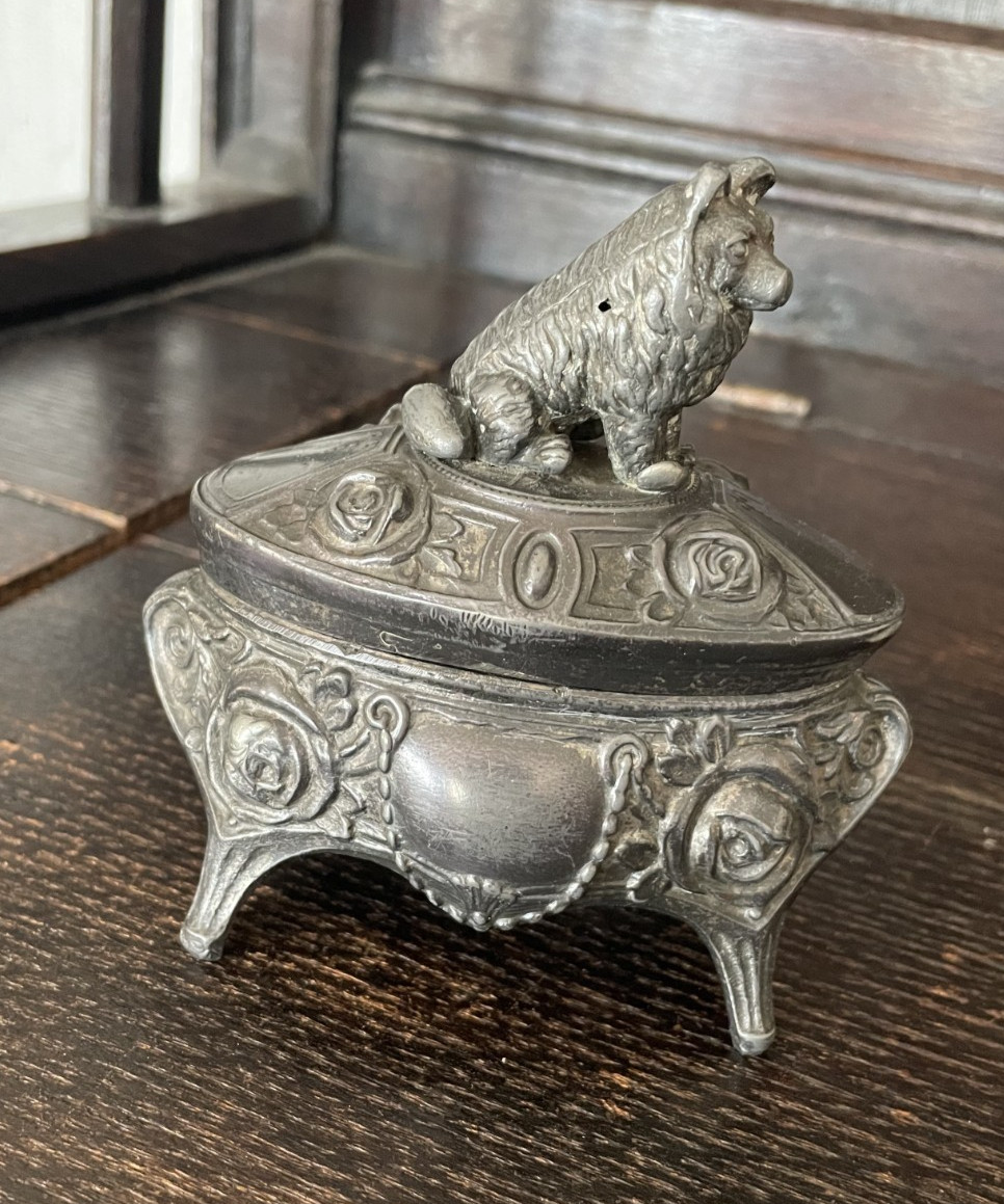 Antique Style Ornate Metal Trinket Box with Dog Figure on Lid