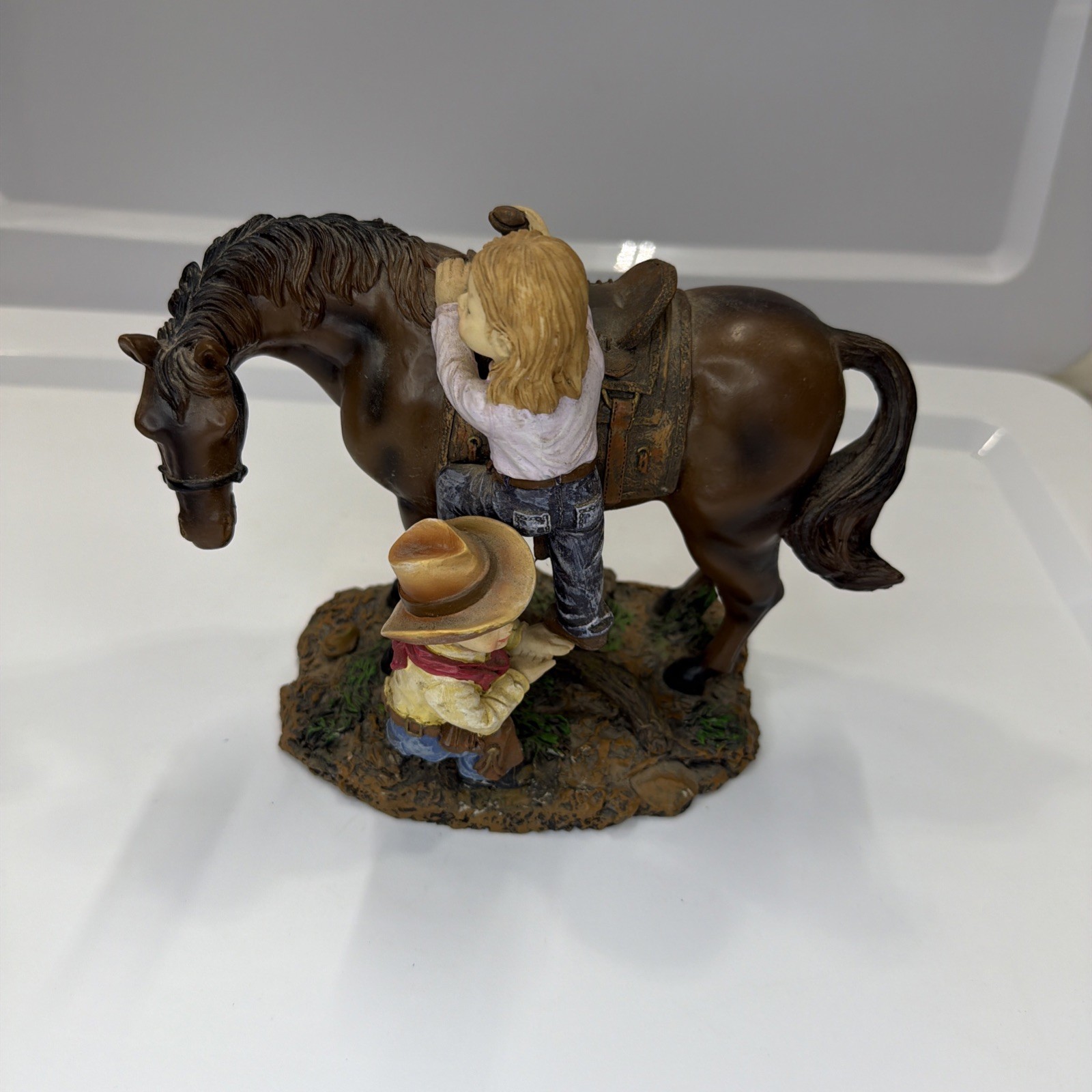 Vintage 2001 Young’s Inc Western Horse Cowboy Kids Resin Figurine Ranch Decor